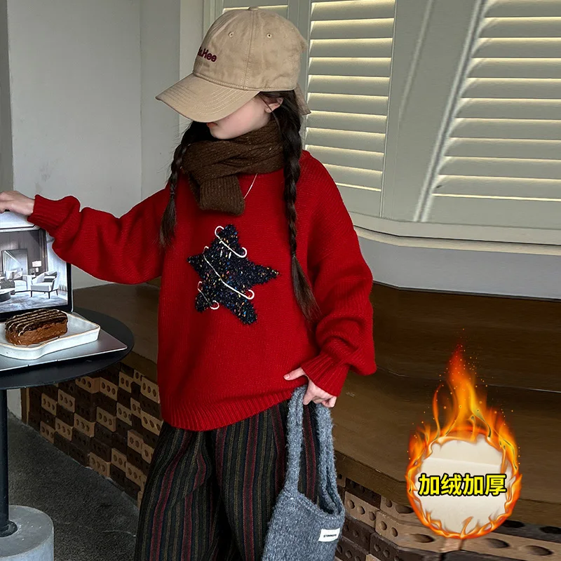 

Kids Sweet Cute Chic Stars Graphic Jacquard Knitted Sweater Autumn Winter Casual O Neck Long Sleeve Loose Pullover Tops Jumper