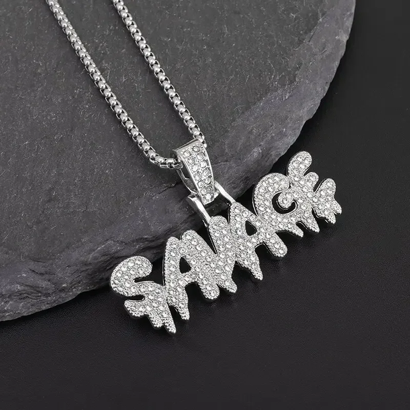 Hip Hop Ice Out Alphabet Savage Pendant Necklace Cool Men Women Hip Hop Rock Rap Jewelry Gifts