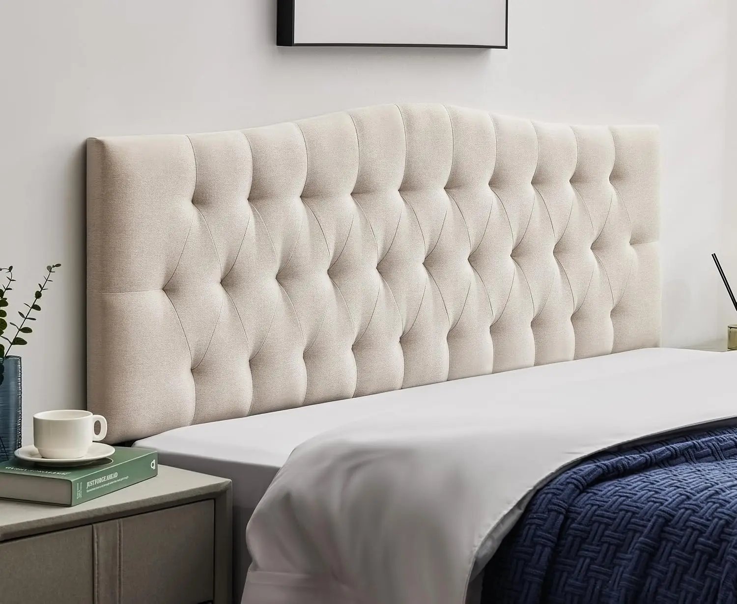 Tufted Upholstered Queen Size Headboard Only, Adjustable 38-50 in, Beige, Customized