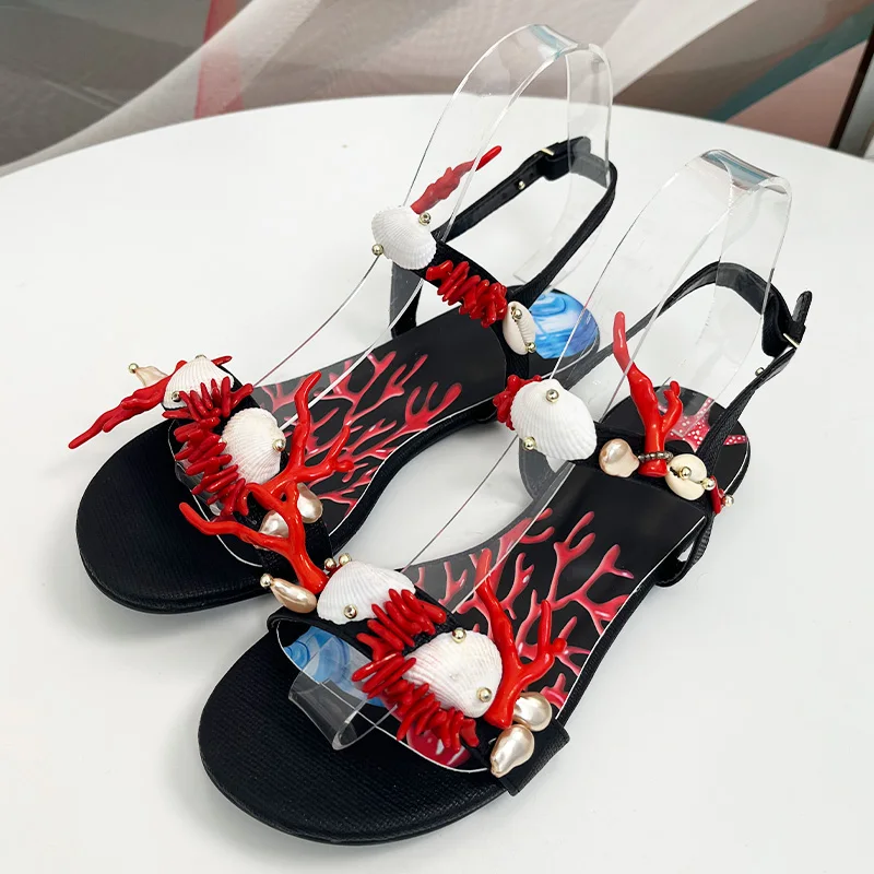 

Lady Flat Sandals Shell Pearl Woman Casual Sandals Sexy Beach Summer Flat Shoes
