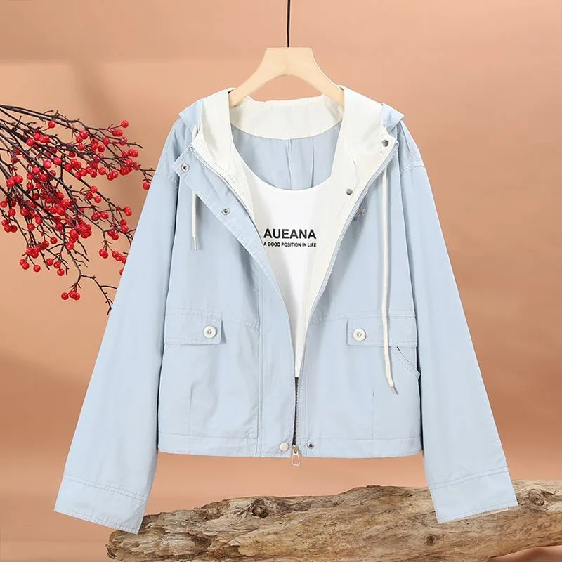 

White Hooded Coat Woman Spring Autumn Thin 2025 New Windbreaker Jacket Fashion Loose Outerwear Casual Short Overcoat Female Tops