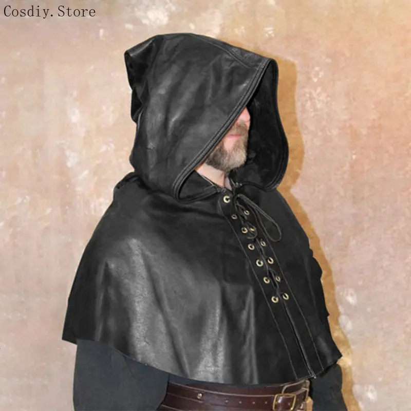 Medieval Renaissance Cowl Hood Cap Cape Cloak Monk Witch Costume Assassin Hunter Halloween Hat Accessory PU Leather Goth Mantle