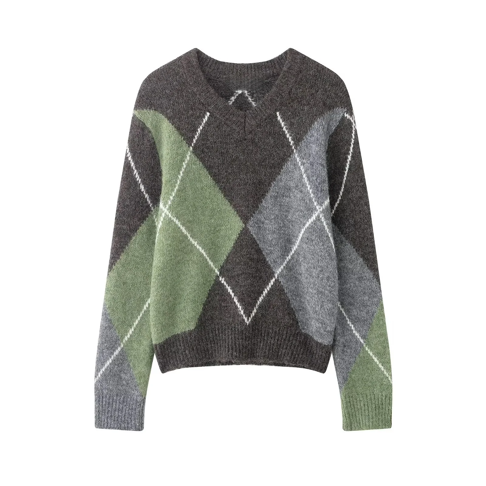 เสื้อสเวตเตอร์ไหมพรมลายเพชร คอวี แขนยาว สไตล์ลำลองหวานๆ สีสันตัดกัน แฟชั่นใหม่สำหรับผู้หญิง ฤดูหนาว ปี 2025