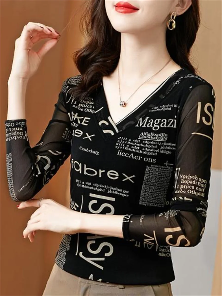 

Женская Повседневная Блузка с длинным рукавом, V-образным вырезом и надписью, модель DD92336 на весну и осень