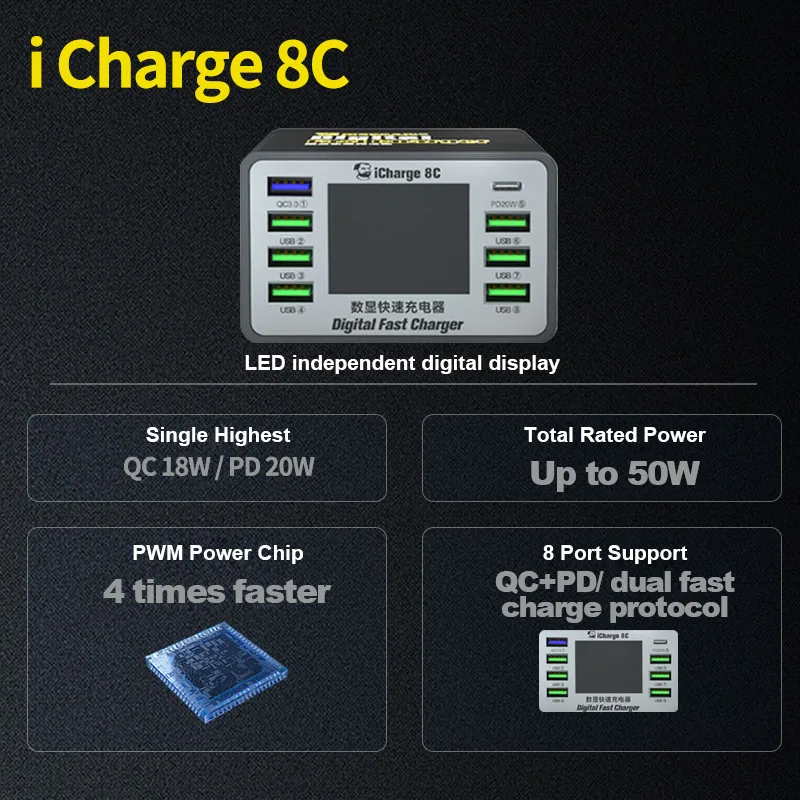 Imagem -06 - Mechanic-icharge 8a 8c Carregador Rápido Usb Display Digital Inteligente Multi-port para ip Reparo de Telefone Android