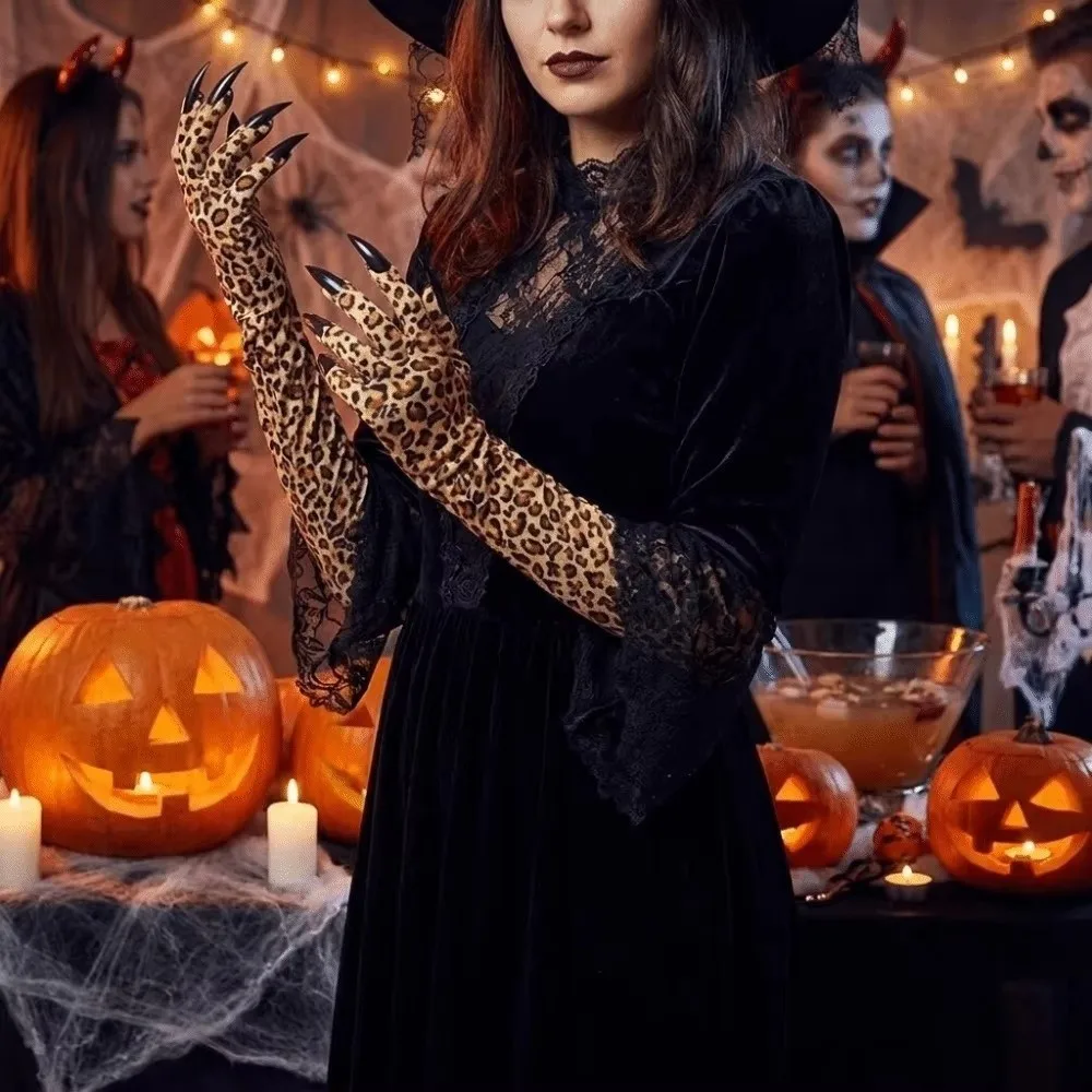 Stretchy Halloween Leopard Claw Gloves Long Sleeve Long Nail Long Nail Gloves Leopard Pattern Long Sleeve Gloves
