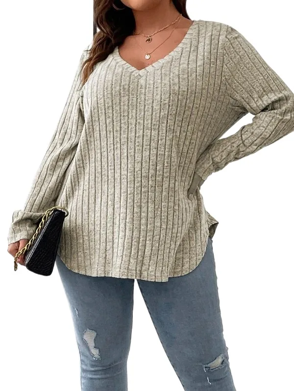 2023 Autumn Winter New Arrival Plus Size Women's Top V-Neck Long Sleeve Waffle Knit Fleece T-Shirt Loose Pullover