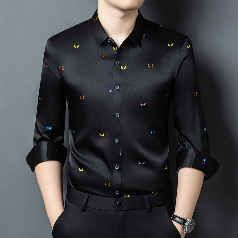 Breathable Lightweight Shirts For Men Long Sleeve Real Silk 92.5% Summer Thin Quality Smooth Comfortable Satin Camisas De Hombre