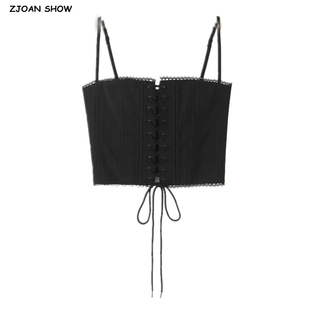2025 Summer Front Cross Lacing Up Bow Rope Black Bra Chest Sexy Corset Women Hook Buttons Back Summer Tank Tops Crop Top