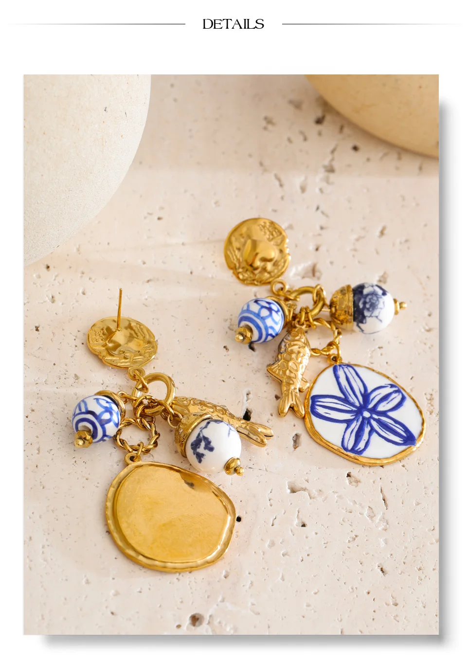 Yhpup Exklusiver Stil Edelstahl-Keramikperlen-Blumen-Tropfen-Ohrringe Allergievorbeugend Sommer Goldener Ästhetischer Schmuck – Detail 9
