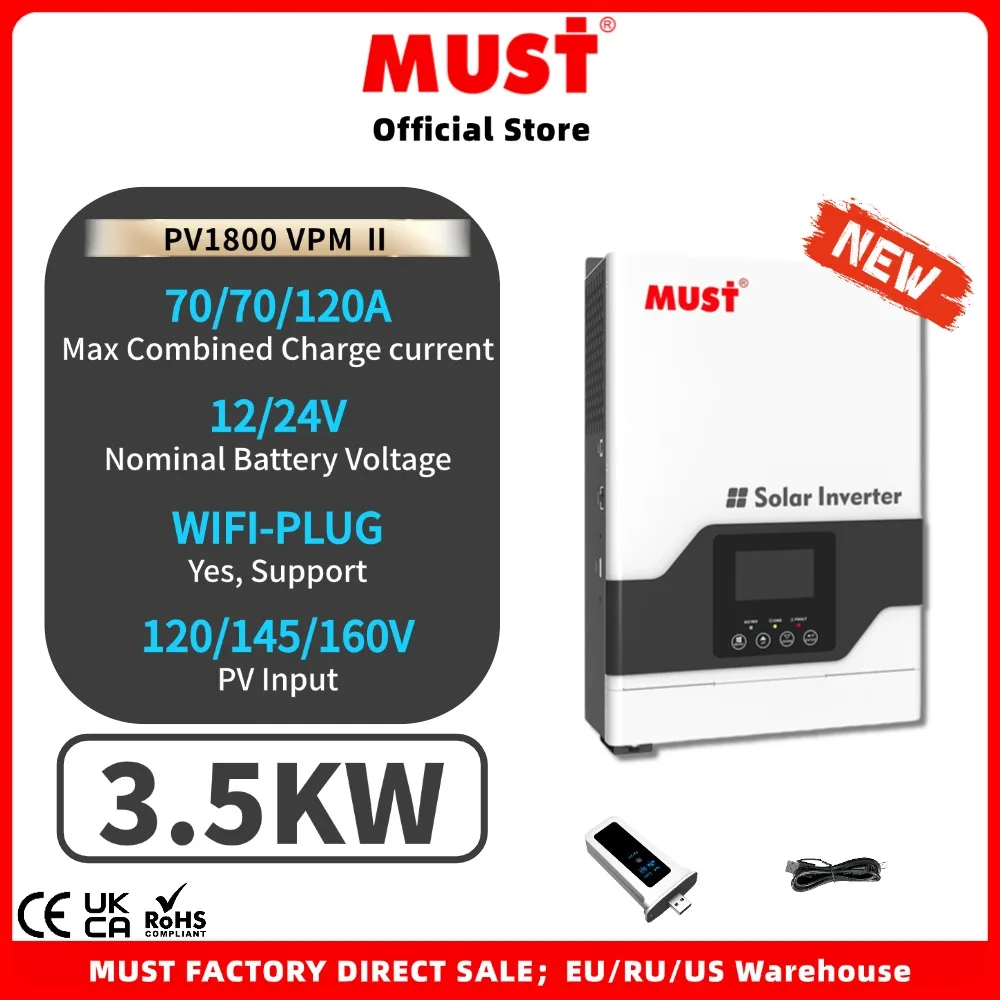 MUST PV1800 VPM Ⅱ 1.2KW 1.5KW 3.2KW 3.5KW Hybrid Off Grid Solar Inverter 60A MPPT Charge Controller High Frequency With WiFi