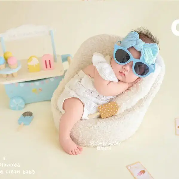 Newborn Photography Props Baby Girl Swimwear with Headband Sunglasses Summer Beach Ice Cream Car Studio Photoshoot Accessories