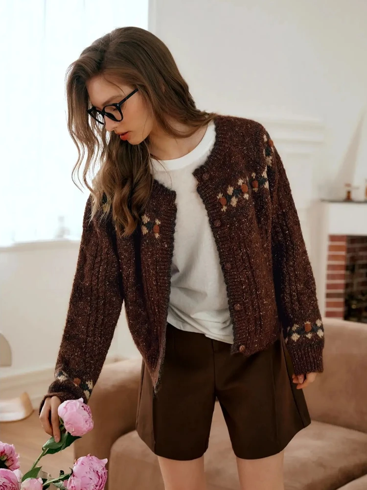 

OLrain Women Autumn Lazy Thermal Cardigan Elegant Long Sleeve Knitted Jacket 2025 French Ladies Round Neck Knitwear E56QM93089