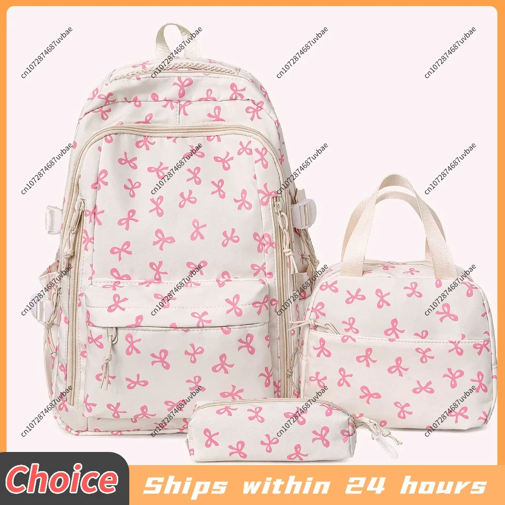 Coquette Bow Cute Kawaii Backpack Set with Lunch Box and Pencil Pouch Aesthetic Preppy Backpack for Teens Girls Students