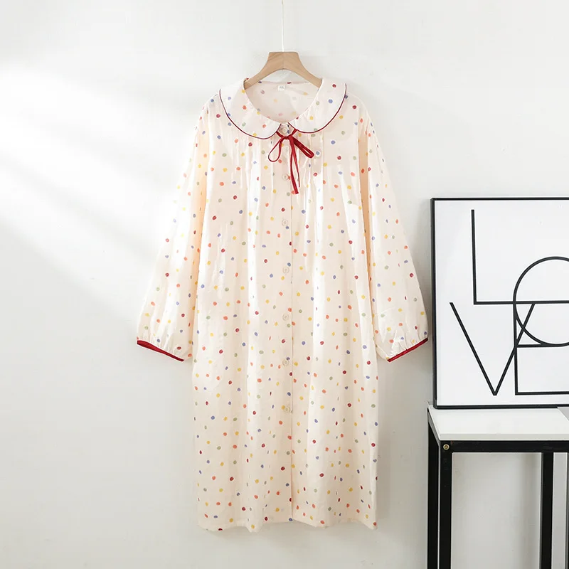 

Новинка весны/лета 202, женская одежда для сна, 100% чистый хлопок, фланель, милое домашнее платье в горошек с длинными рукавами и пышными рукавами