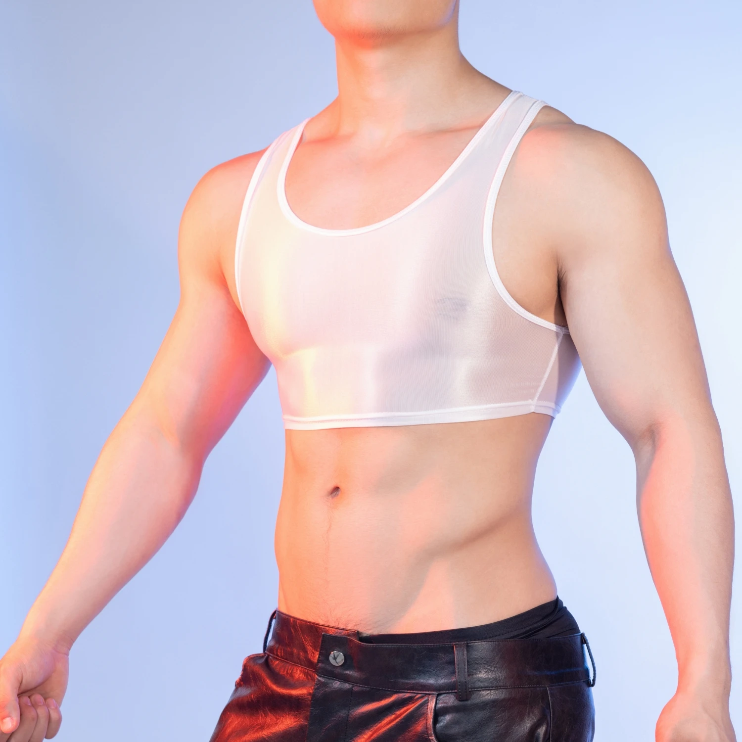 Men See Through Sexy Crop Tops O-neck Sleeveless Tight T-Shirts Soft Ice Silk Ultra-thin Vest Nightclub Party Clothing