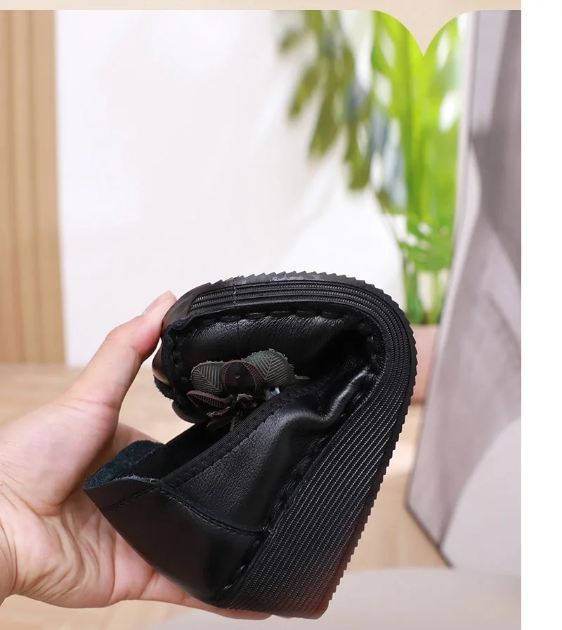 Vintage Floral Wedged Shoes Ladies Genuine Leathe Flats Women\'s Shoes Chic Autumn Loafers Elderly Flat Shoes Soft Chic Moccasins