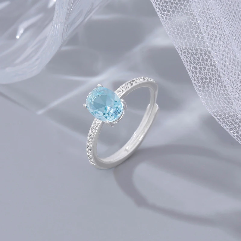 New in Fresh and Simple Sea blue gemstone rings for women Full Diamond Light Luxury oval Ring adjustable Party Jewelry Gift