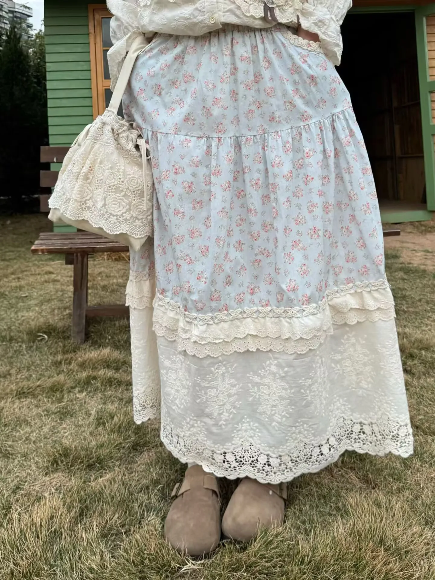 

Mori Girl Хлопковая милая вышивка Cottagecore Кружевная длинная юбка с рюшами Женская Лолита Винтаж Ретро Шикарная юбка-миди Cottagecore