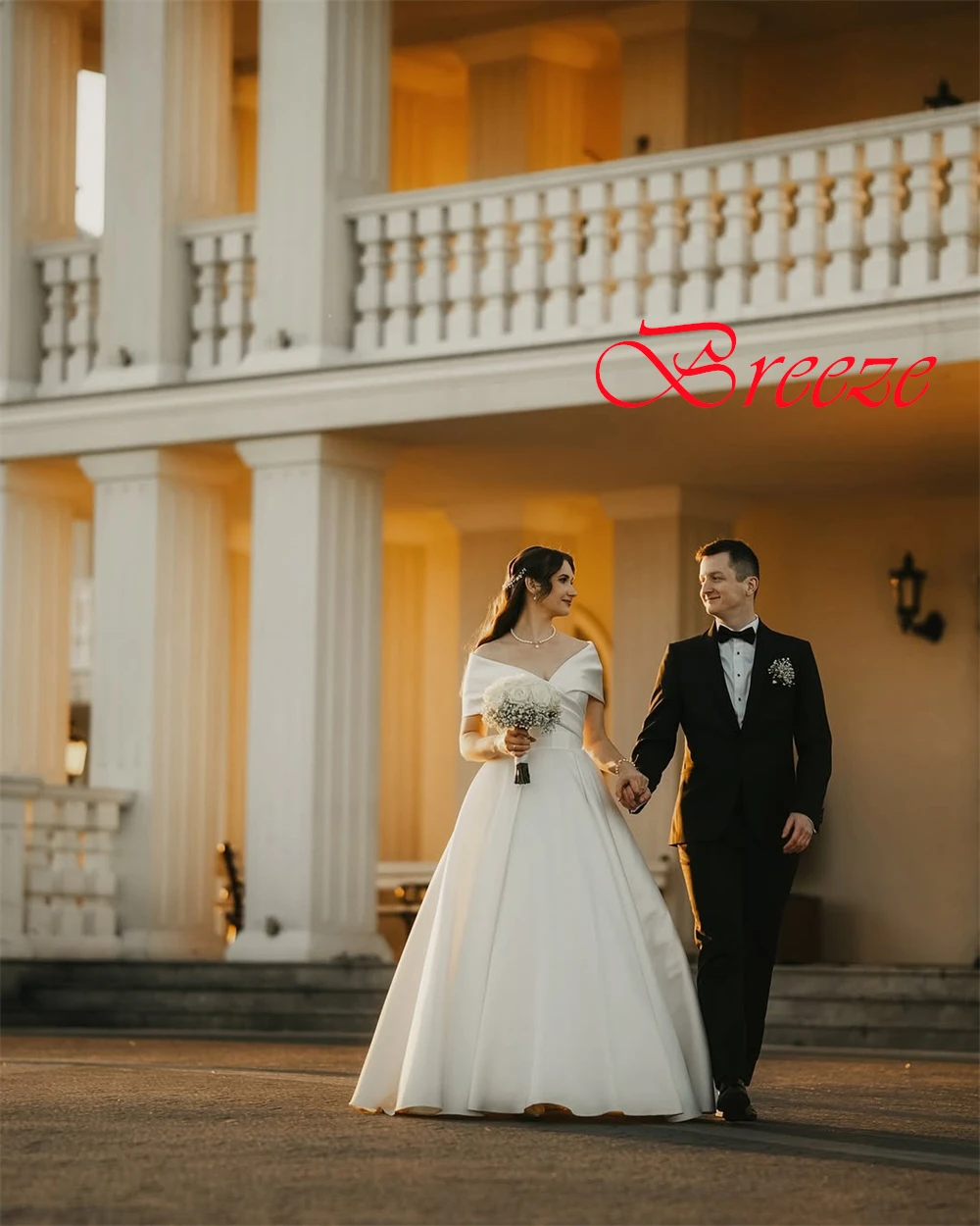 

Customized Elegant White Satin Wedding Dress Exquisite V-Neck Bridal Gowns Off the Shoulder Short Sleeves Chapel Train Dress