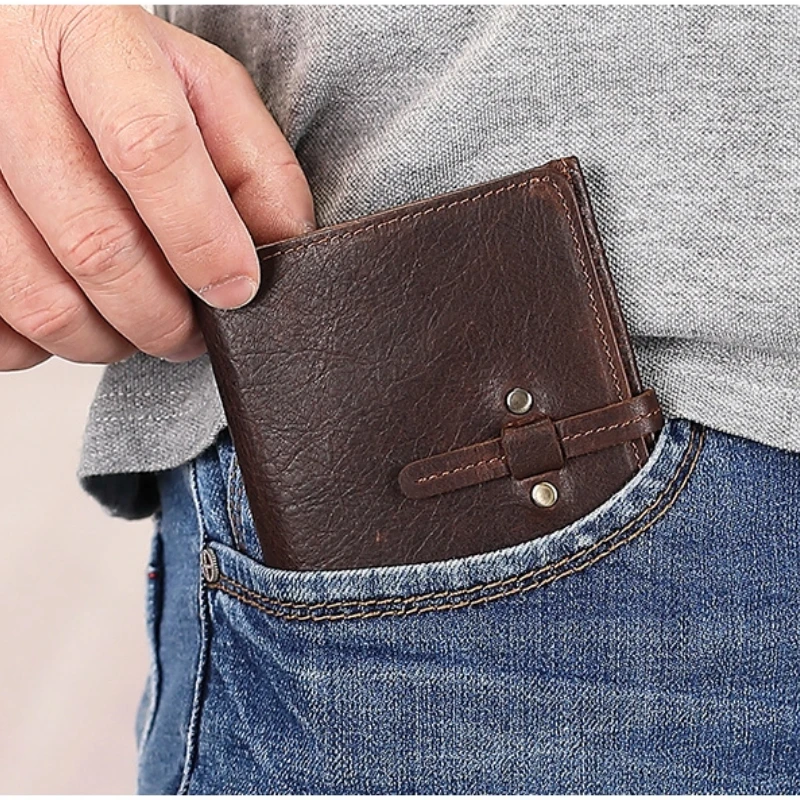 Korte verticale leren herenportemonnee |   Vintage echte koeienhuid Billfold |   Casual geldclip voor muntzakken