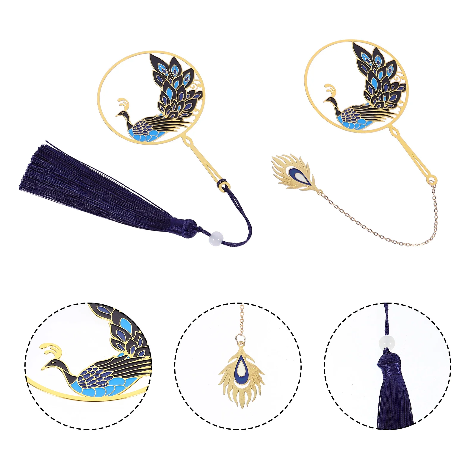 2 Pcs Peacock Painted Bookmark Bookmarks Page Marker Metal Hollow with Pendant Student Tassel Reading