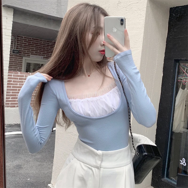 Women Sweater Fake-2-Piece Long Sleeve Square Neck Slimming Casual Fall Tops y2k Patchwork T Shirt Harajuku Pullovers Knit Tee