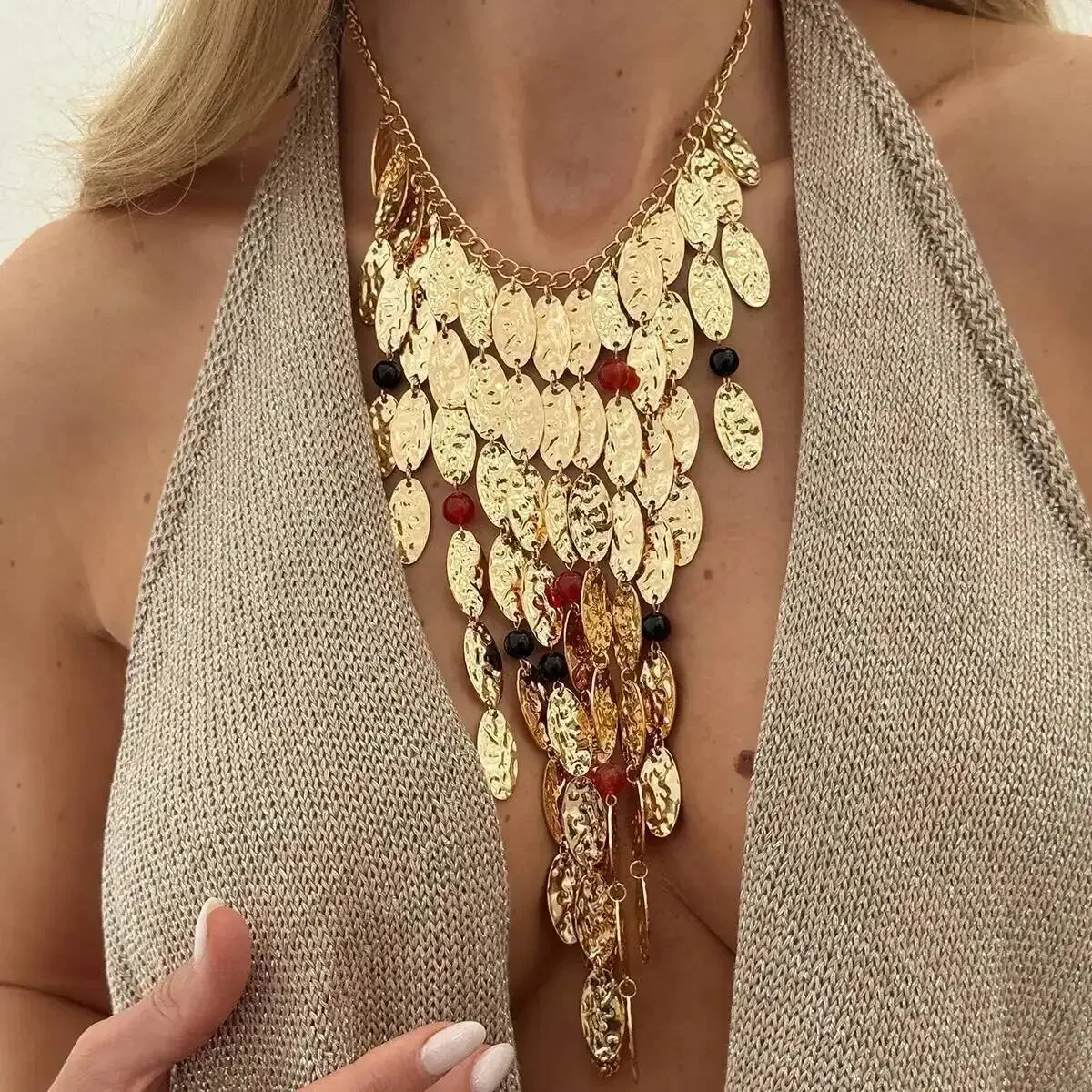 

New Punk Exaggeration Geometry Sequined Multi-layer Tassel Necklace Women Trendy Adjustable Metal Neck Party Jewelry Gifts