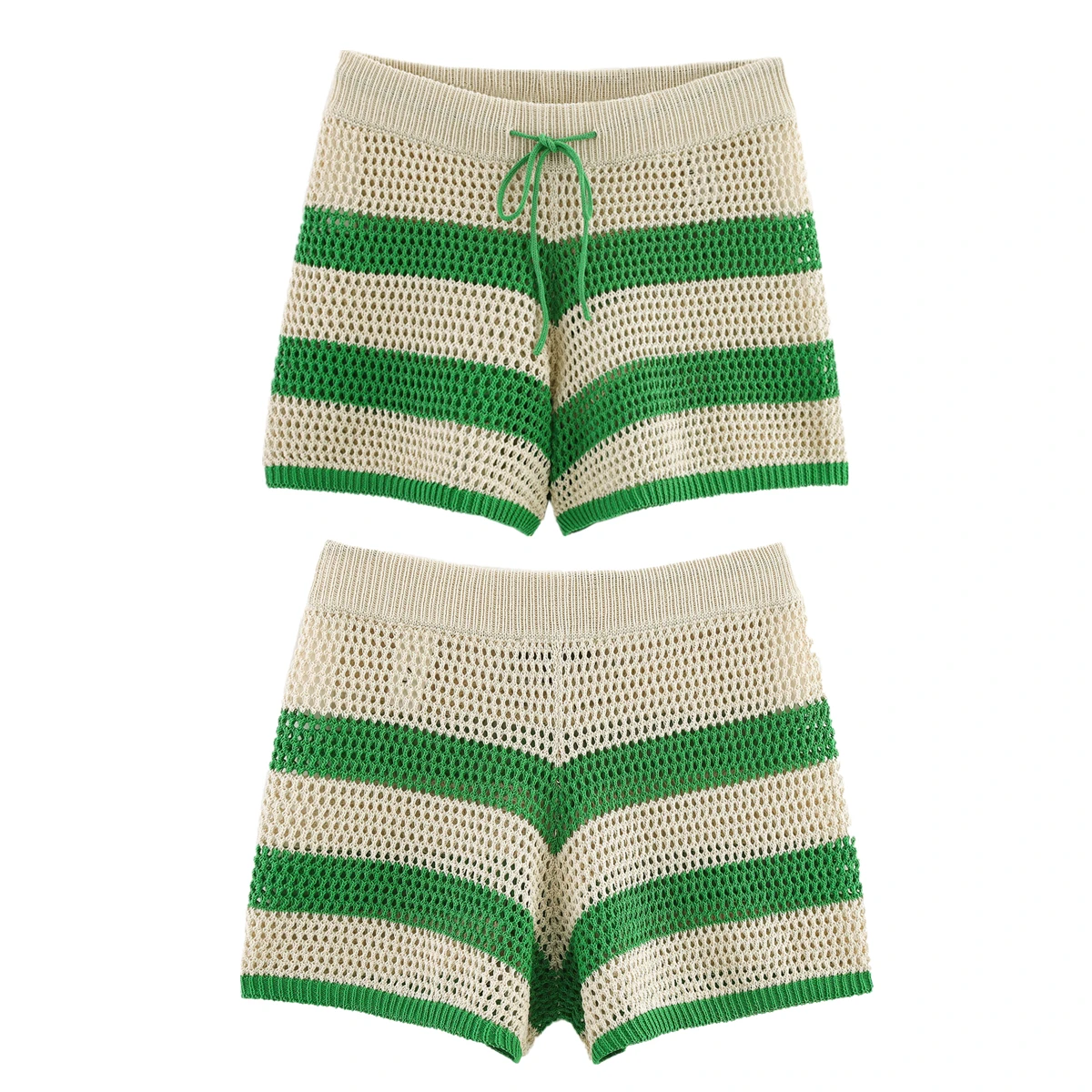 

Maxdutti Minimalist Beige Green Striped Drawstring Hollow Shorts Retro Summer Knitted Bermuda Shorts Women