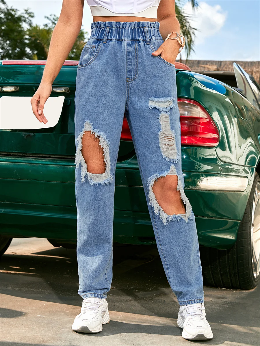 Benuynffy-pantalones vaqueros rasgados con agujeros lavados para mujer, Jeans elásticos de cintura alta, ropa de calle de pierna recta, primavera y verano