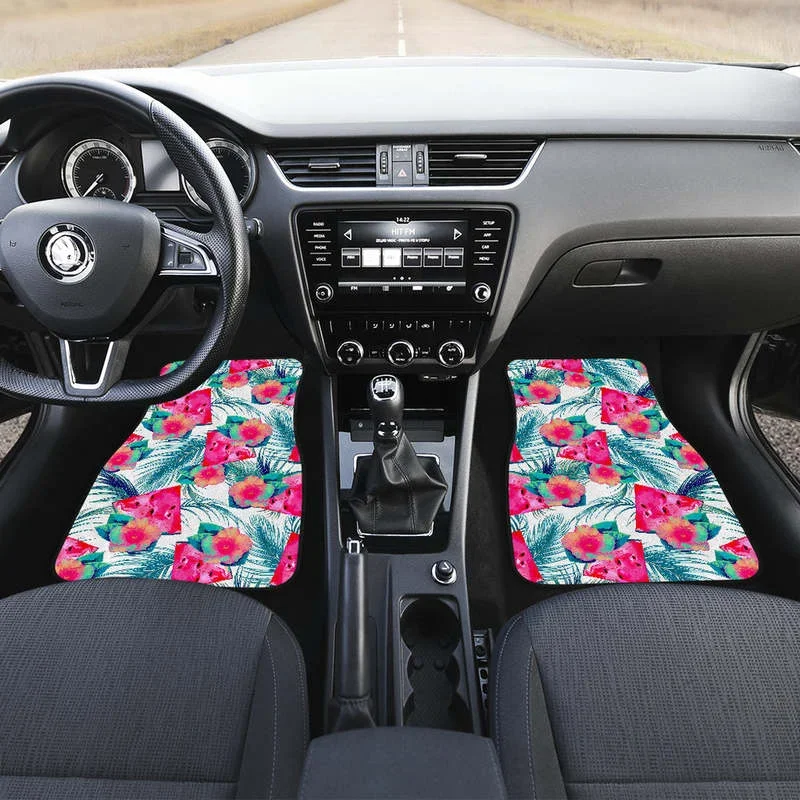 Watermelon Teal Hawaiian Pattern Print Front and Back Car Floor Mats Heavy Carpet Front and Rear Full Set 4PCs Pack