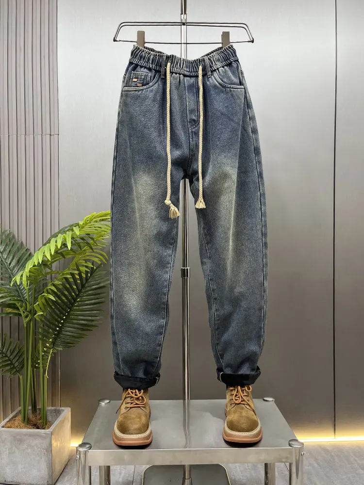 

Мужские свободные джинсы на флисовой подкладке с эластичным поясом, винтажные, повседневные, прямые, длинные брюки, осенне-зимние, трендовые...