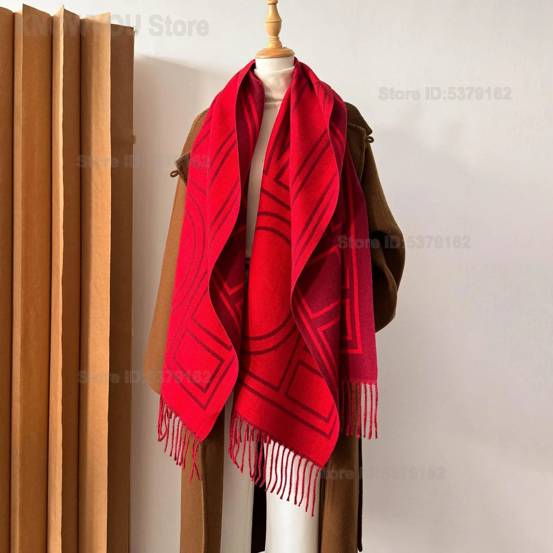 Women Vintage Border Letter Double Sided Faux Cashmere Scarf Autumn Winter Versatile Tassel Warm Shawl Coat Outer Wrap