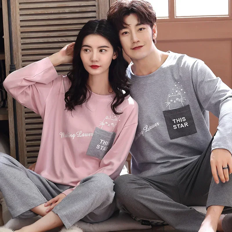 Couple pajamas set 100% cotton autumn long sleeves pnats home suit cartoon lovers sleepwear comfortable two-piece female pajamas