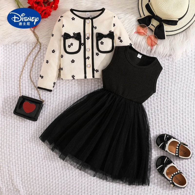 

Disney Girls' 2025 Early Fall Set: Chic Black Floral Top & Solid Tulle Skirt | Elegant Chanel-Style
