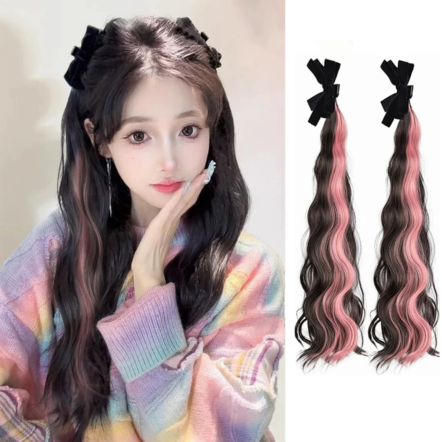 Perruque synthétique à reflets d'oreille d'elfe, 2 pièces, perruque queue de cheval bouclée à clipser avec nœud de tête de princesse douce pour femmes