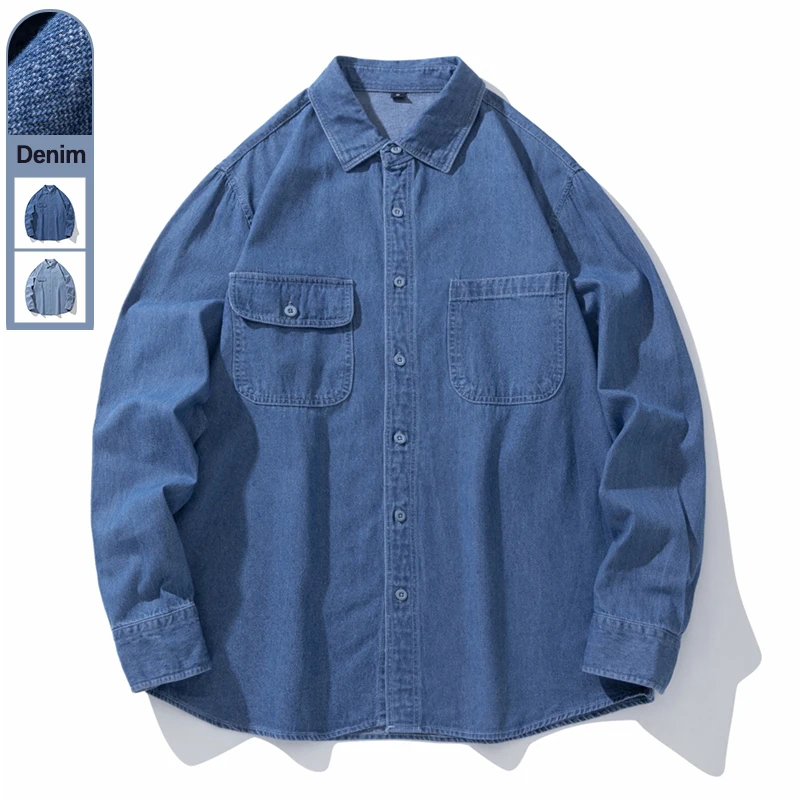 

Свободная джинсовая рубашка, мужская осенняя новая стираная темно-синяя японская модная джинсовая рубашка с карманами и длинными рукавами, мужская одежда