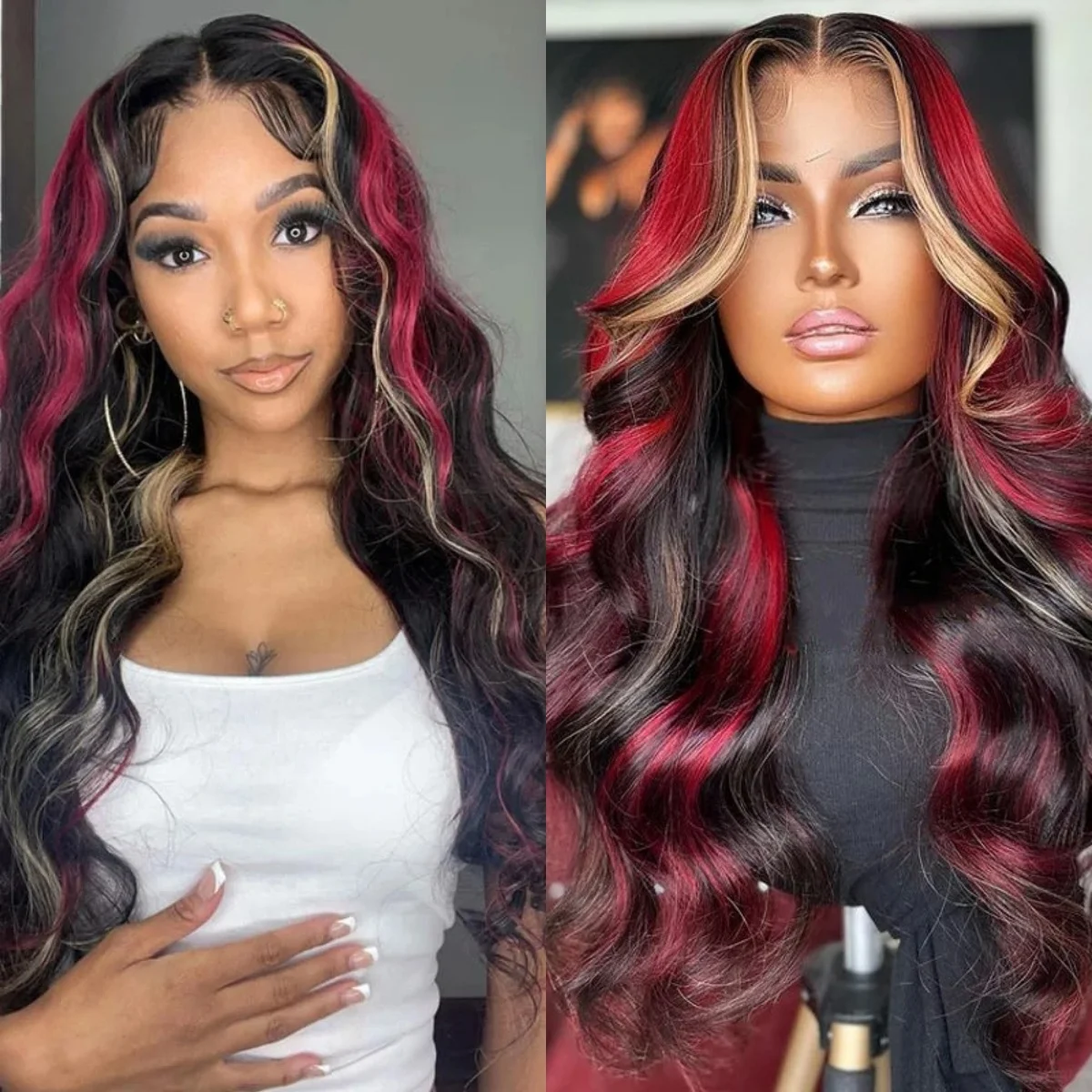 أسود شقراء شعر مستعار أحمر الجسم موجة الدانتيل الباروكات الأمامية 13X4 HD الدانتيل الباروكة الاصطناعية عالية الجودة مقاومة للحرارة ملابس الحفلات اليومية تأثيري