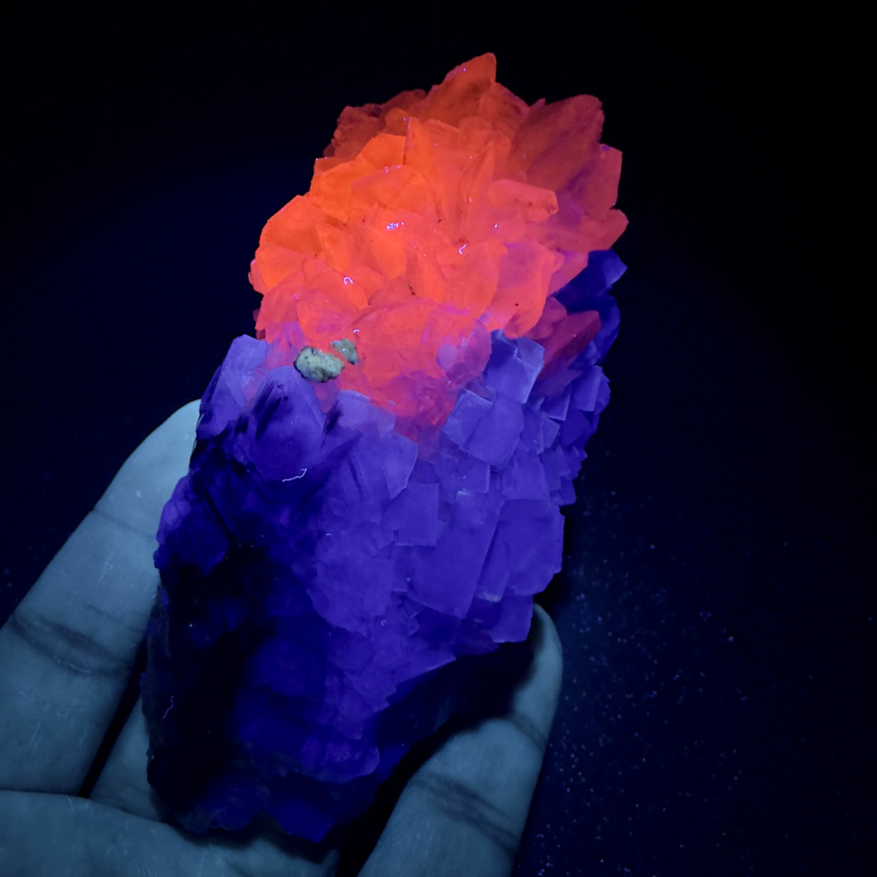 

Natural Cube green fluorite and flaky fluorescent calcite symbiotic mineral specimen + healing quartz crystals and stones rock