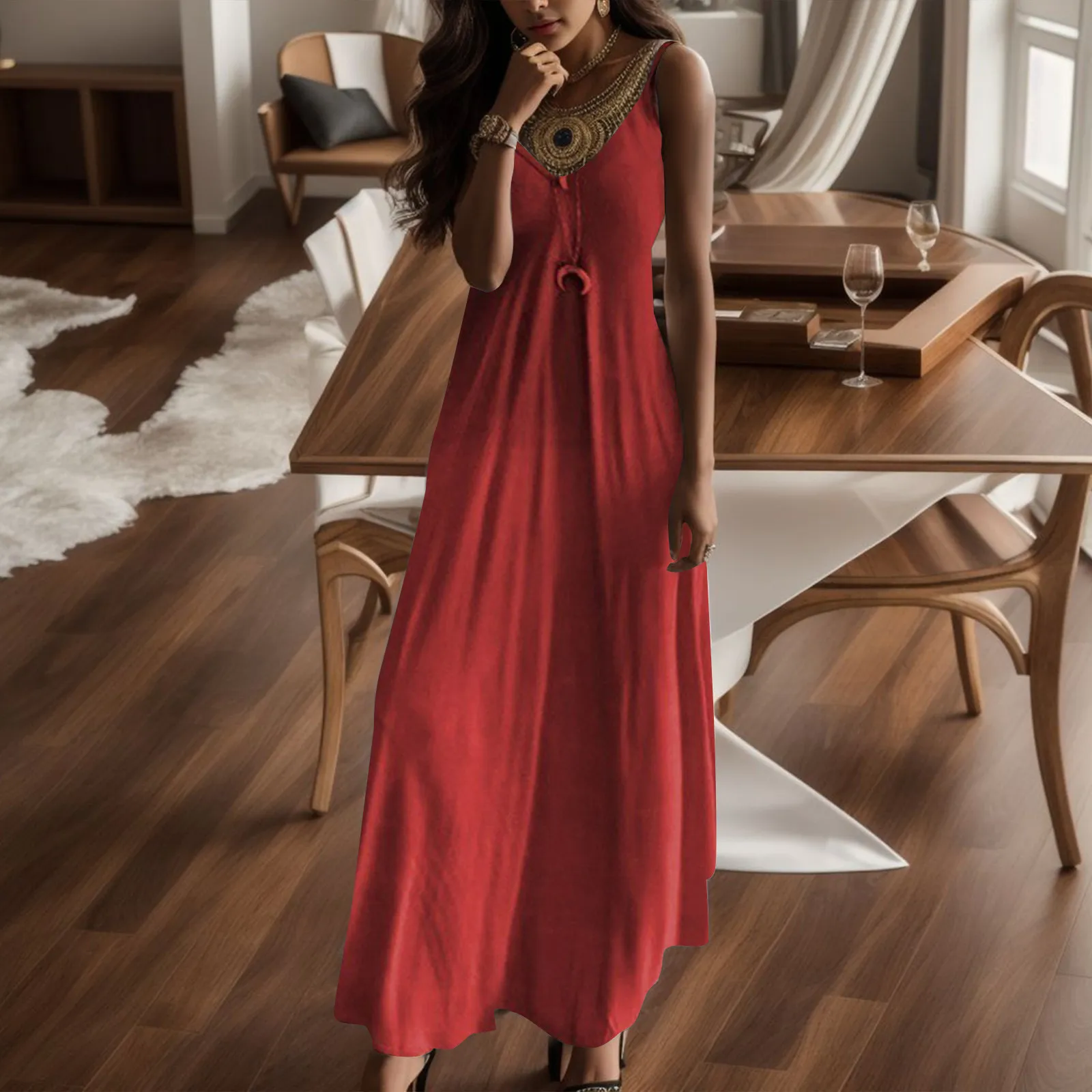 

Long Dress Camisole Casual V Neck Suspenders Sleeveless Women's Maxi Dresses Gradient Color Print Loose Casual Ladies Dress