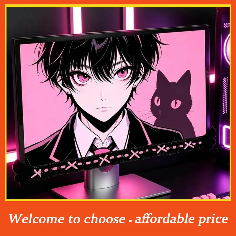 #Computer Monitor Frame Decor Strip Stickers Black Bow Lace Wings Design Waterproof for Office Home Gaming Setup Decor