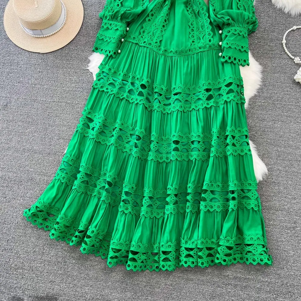 Vintage Green Women Dress Holiday Long Sleeve Evening Party Dresses Hollow Out Lace Patchwork White Vestidos Summer