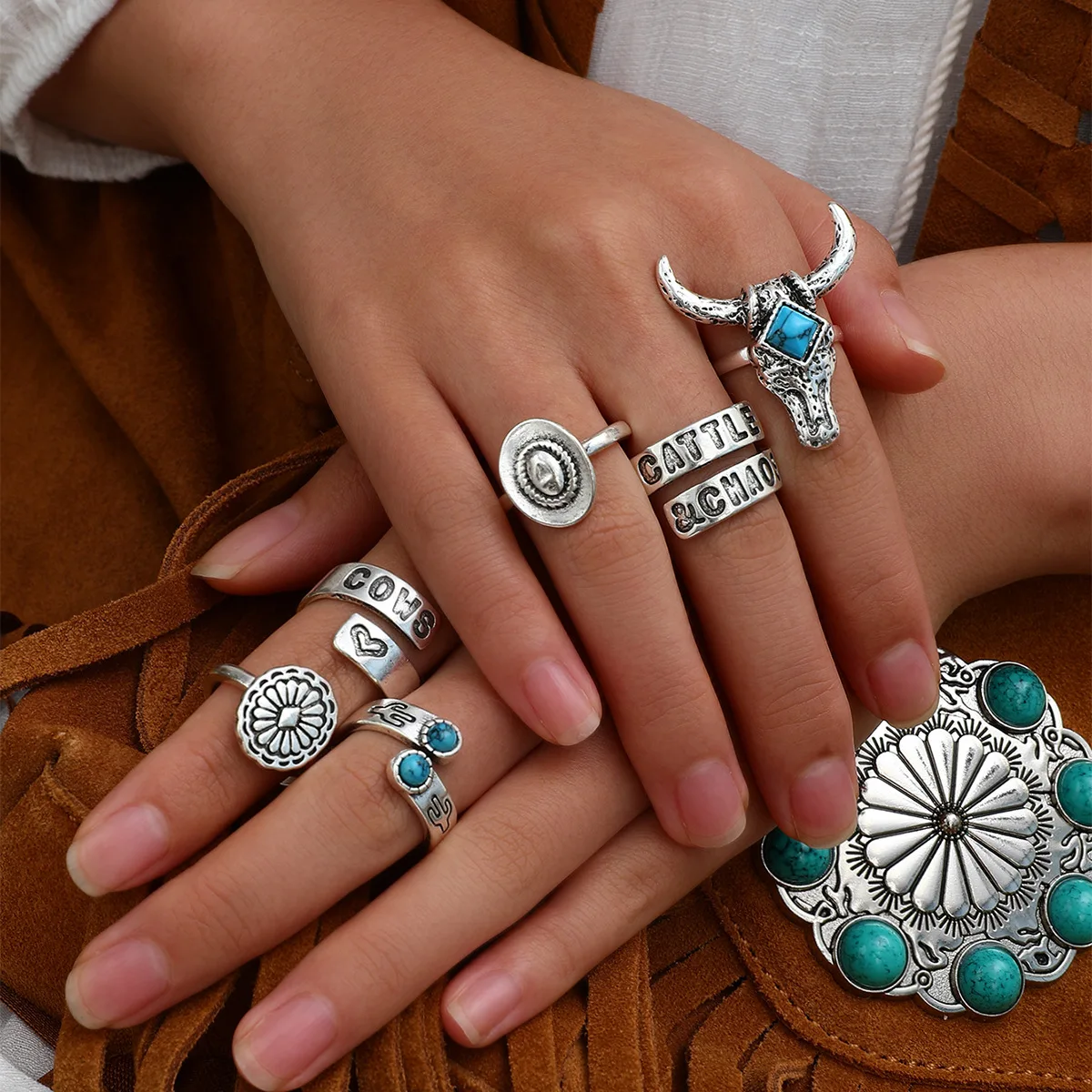 

New jewelry, western denim style retro turquoise cow head cactus multi-element fashion ring 6-piece set