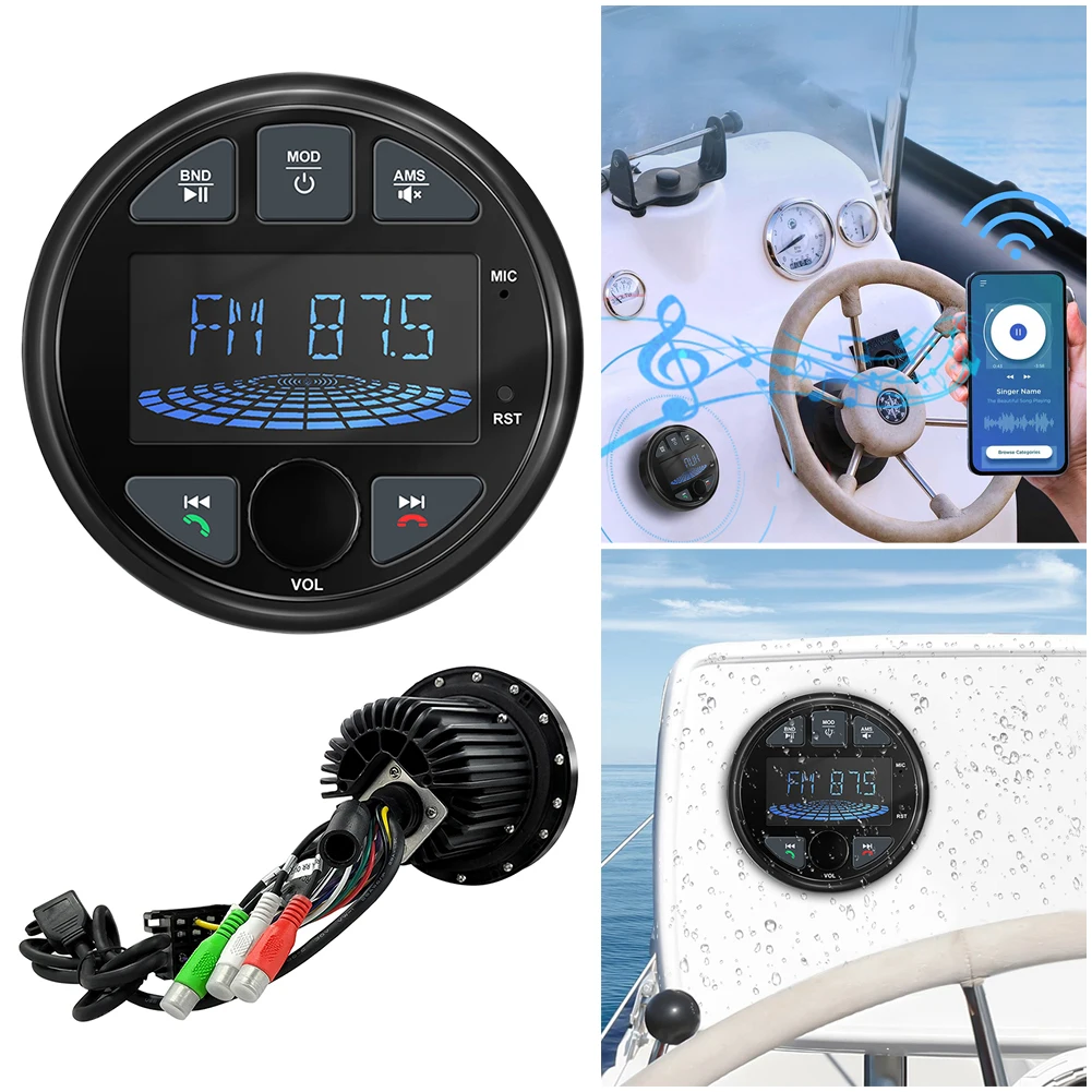 Marine Stereo Boat Radio with LCD Screen Round MP3 Player IPX6 Waterproof BT Digital Media Radio for Yacht ATV UTV RV Golf Cart