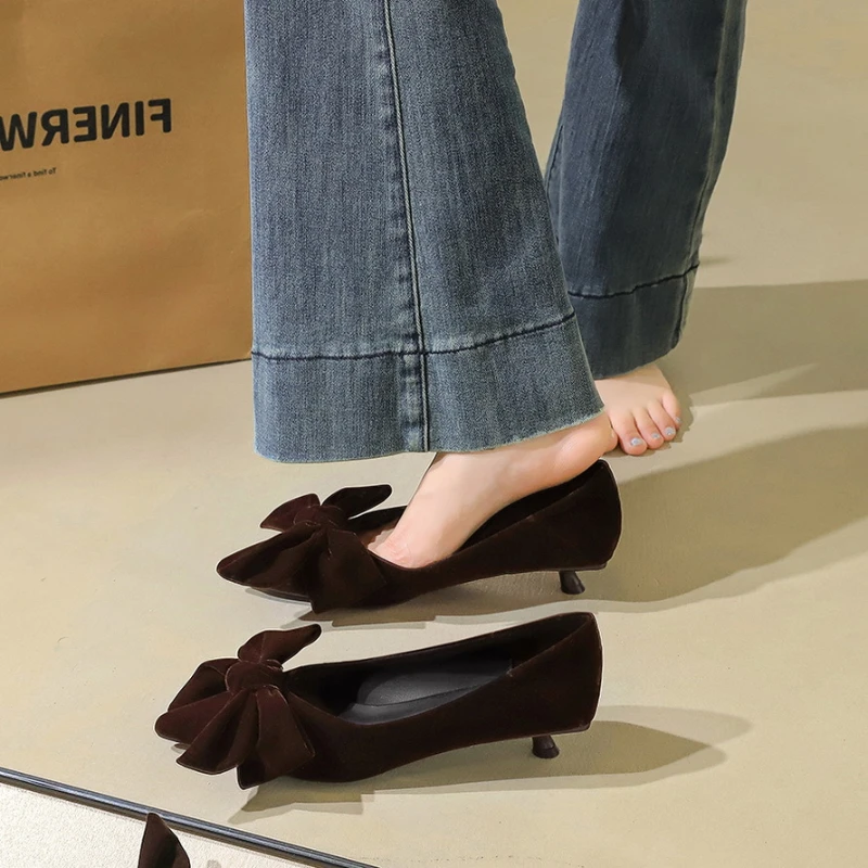 Korean Temperament Suede Stiletto Single Shoes With Pointed Toe And Versatile Bow Casual Low-Heeled Commuting Shoes For Women - view 3