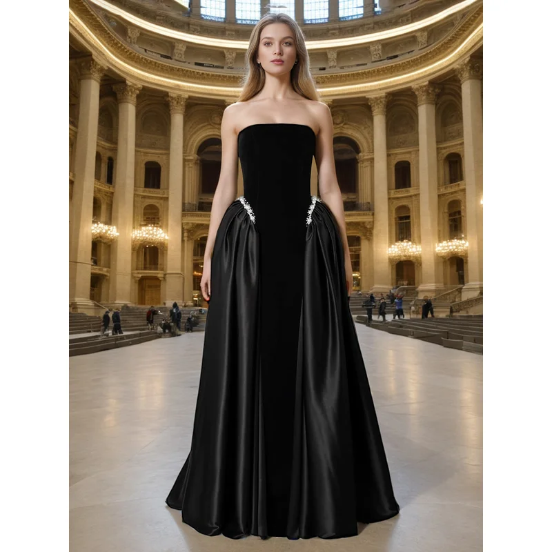 

Elegant Lady Style Long Dress 2025 Women Pleated Pearls Diamond Beadings Tube Top Long Sexy Strapless Wide Velvet Dress