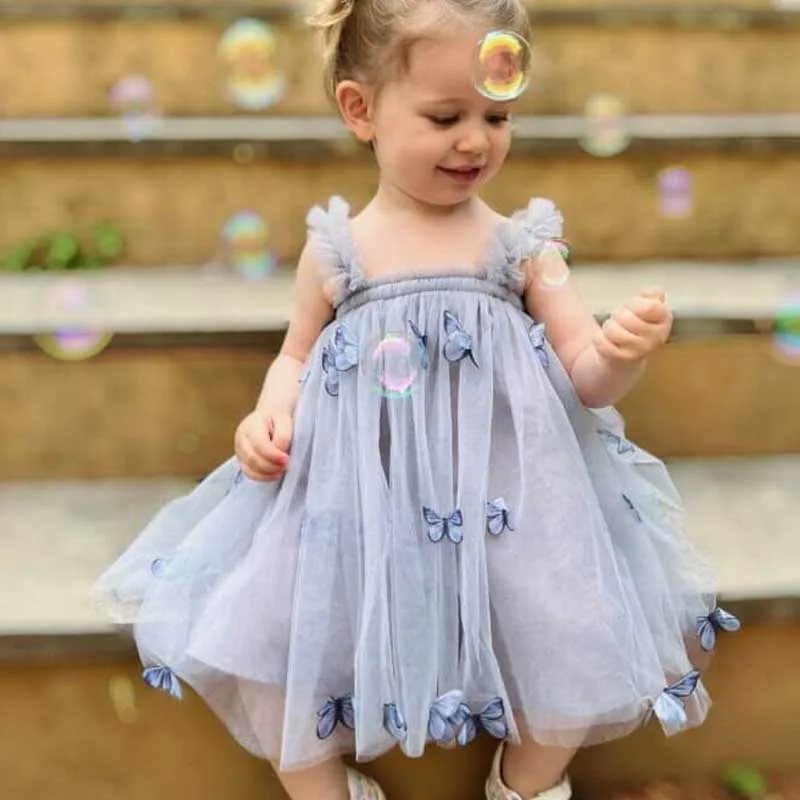 Toddler Baby Summer Princess Dress Kid Mesh Lace Sweet Dress Butterfly Sleeveless Dress Pink Little Girl Children Clothes