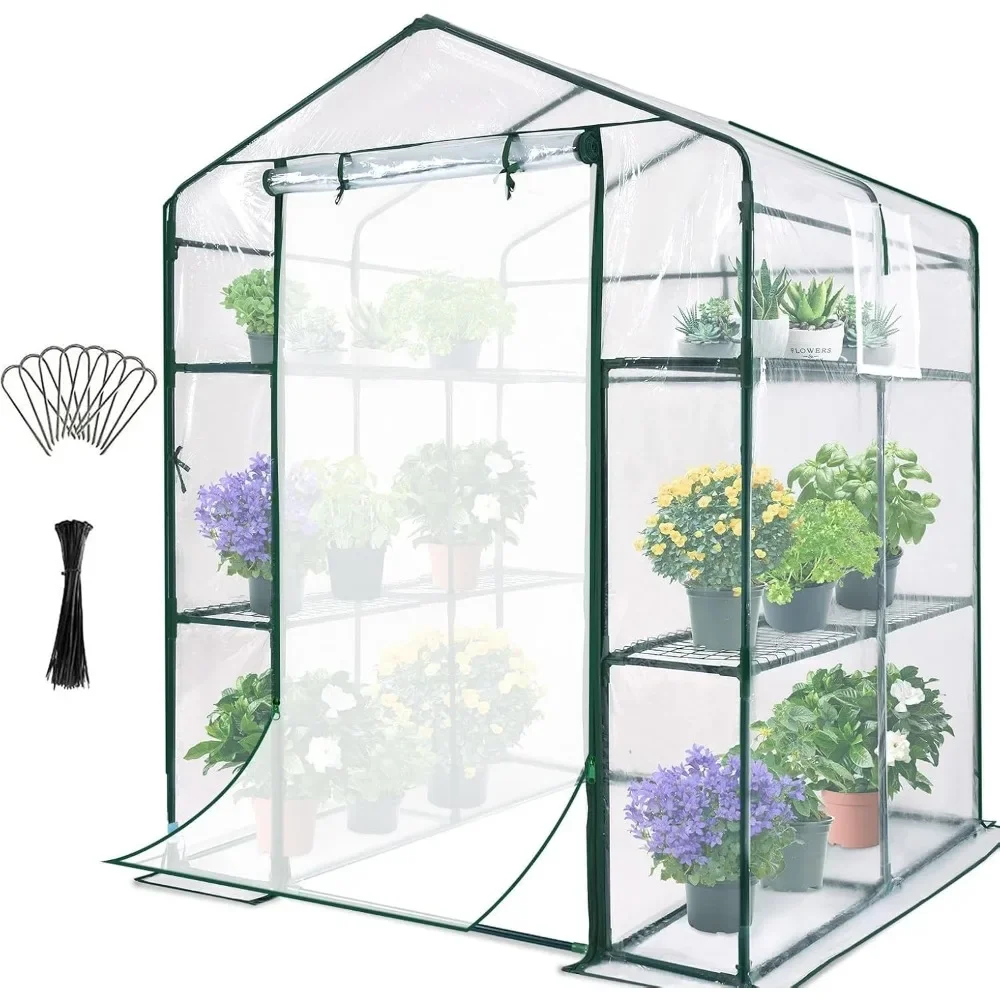 

Greenhouse Screen Door and Windows, 3 Tiers 8 Shelves 56"x56"x77", Walk-in Planting Garden Greenhouse for Winter Indoor Outdoor