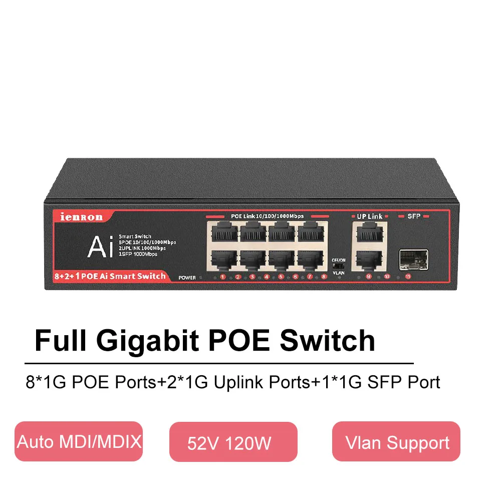 

Коммутатор Gigabit POE, 11 портов, 120 Вт, Wi-Fi, IP-камера