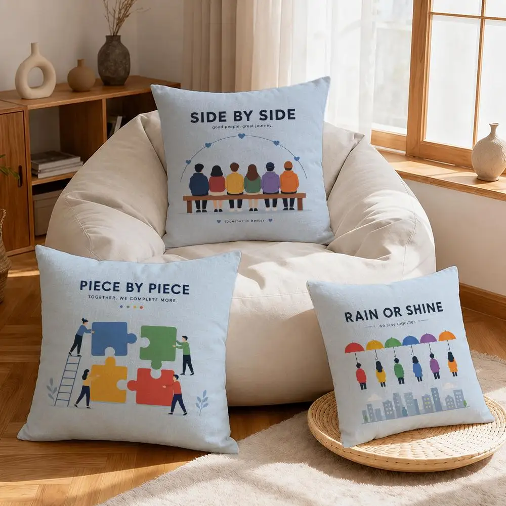 Art Teamwork Flat Character Illustration Cushion Cover Linen Anti-Mite Antibacterial Cushion Cover Invisible Zipper Sofa Decor